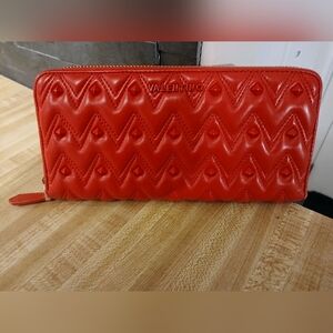 Mario Valentino Red Quilted Studded Long Zip Around Wallet
